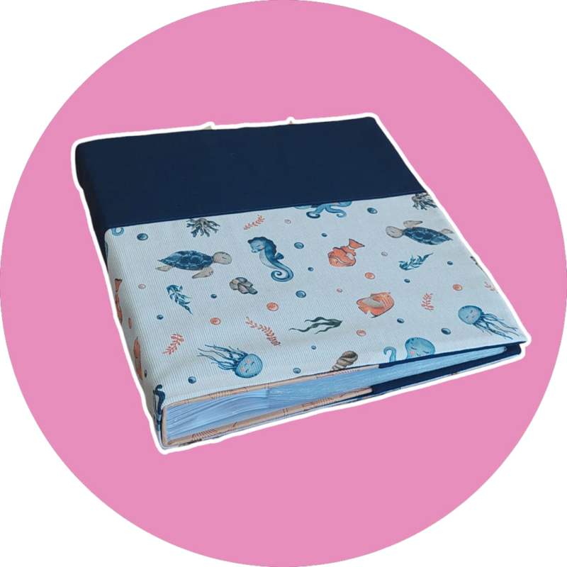 Album photo tissu bi-color _ motif sous l'océan et bleu marine - expédition sous 24h