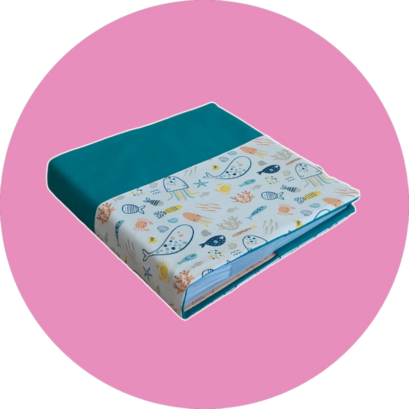 Album photo tissu bi-color _ motif poisson et bleu turquoise - expédition sous 24h