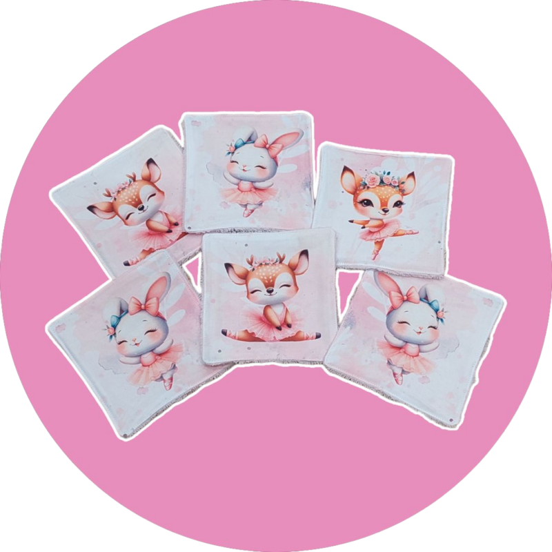 Débarbouillettes / Lingettes lavables bébé premium - lot de 6 - danseuses biches / lapins - Expédition sous 24H