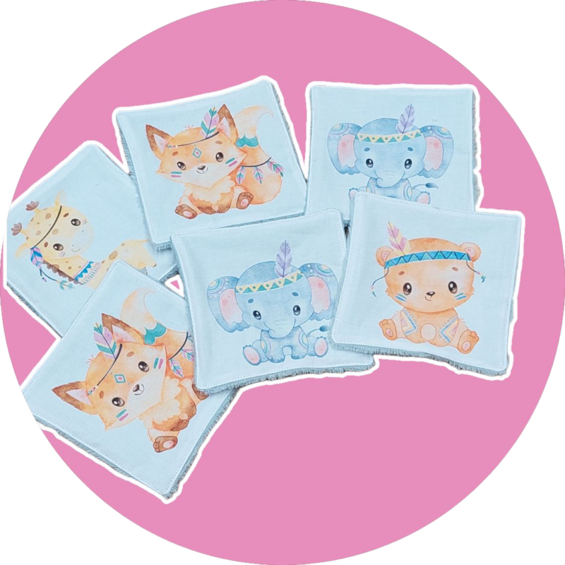 Débarbouillettes / Lingettes lavables bébé premium - lot de 6 - animaux  indiens - Expédition sous 24H