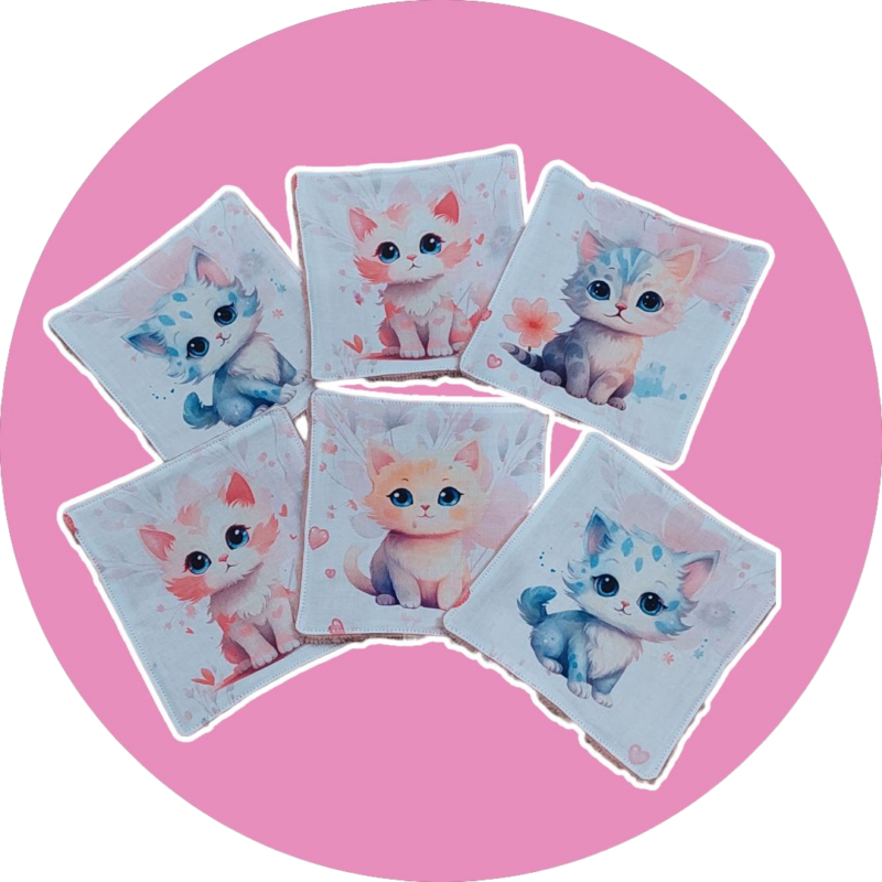 Débarbouillettes / Lingettes lavables bébé premium - lot de 6 - chat / chatons - Expédition sous 24H