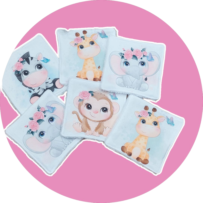 Débarbouillettes / Lingettes lavables bébé premium - lot de 6 - animaux / fleurs - Expédition sous 24H